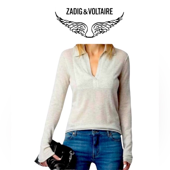 Zadig & Voltaire Sally Diamonte Cashmere V Neck Collared Sweater XS - Picture 1 of 12